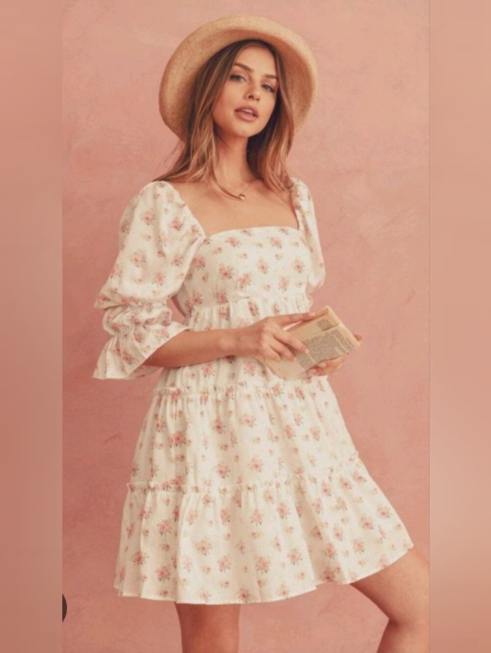 Storia Cream Mini Dress with Pink Floral Print